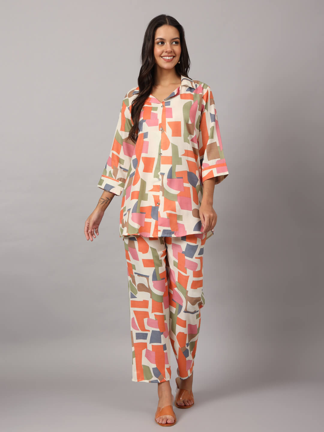 Printed Collar Neck Loose-Fit Shirts & Track Pants Co-Ords