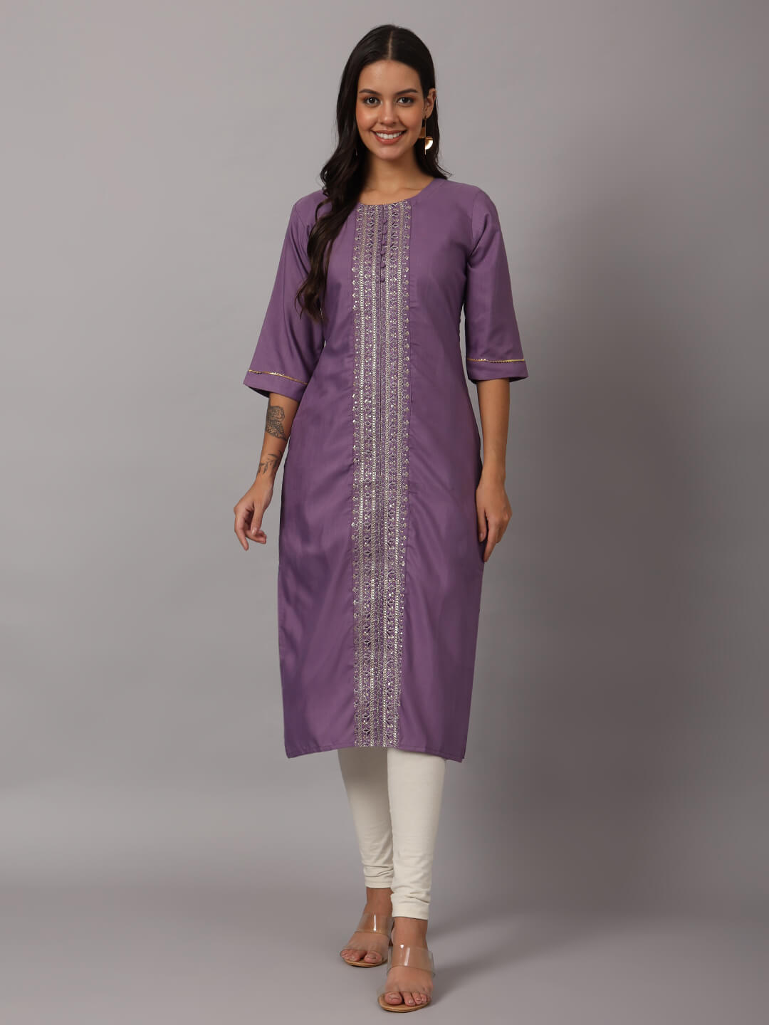 Purple Rayon Sequin Embroidered Round Neck Straight Kurta