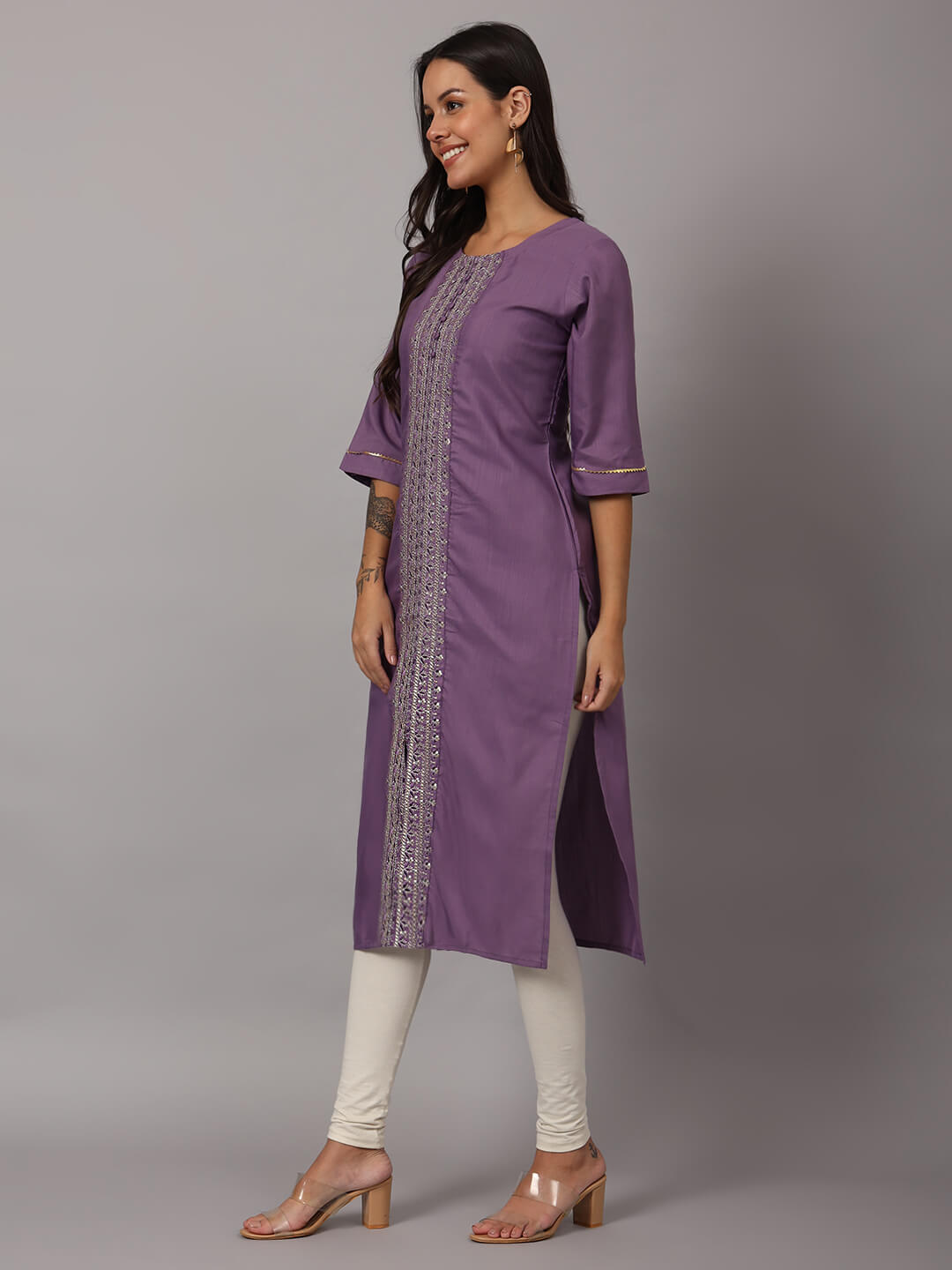 Purple Rayon Sequin Embroidered Round Neck Straight Kurta