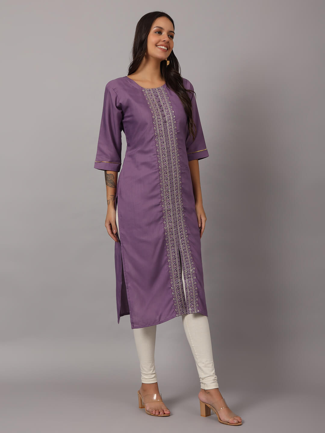 Purple Rayon Sequin Embroidered Round Neck Straight Kurta 02