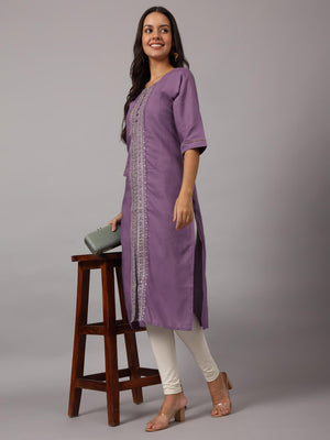 Purple Rayon Sequin Embroidered Round Neck Straight Kurta