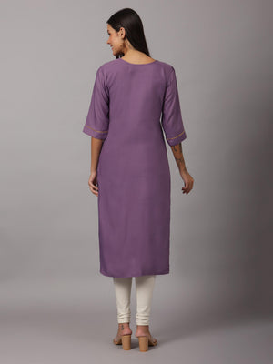 Purple Rayon Sequin Embroidered Round Neck Straight Kurta