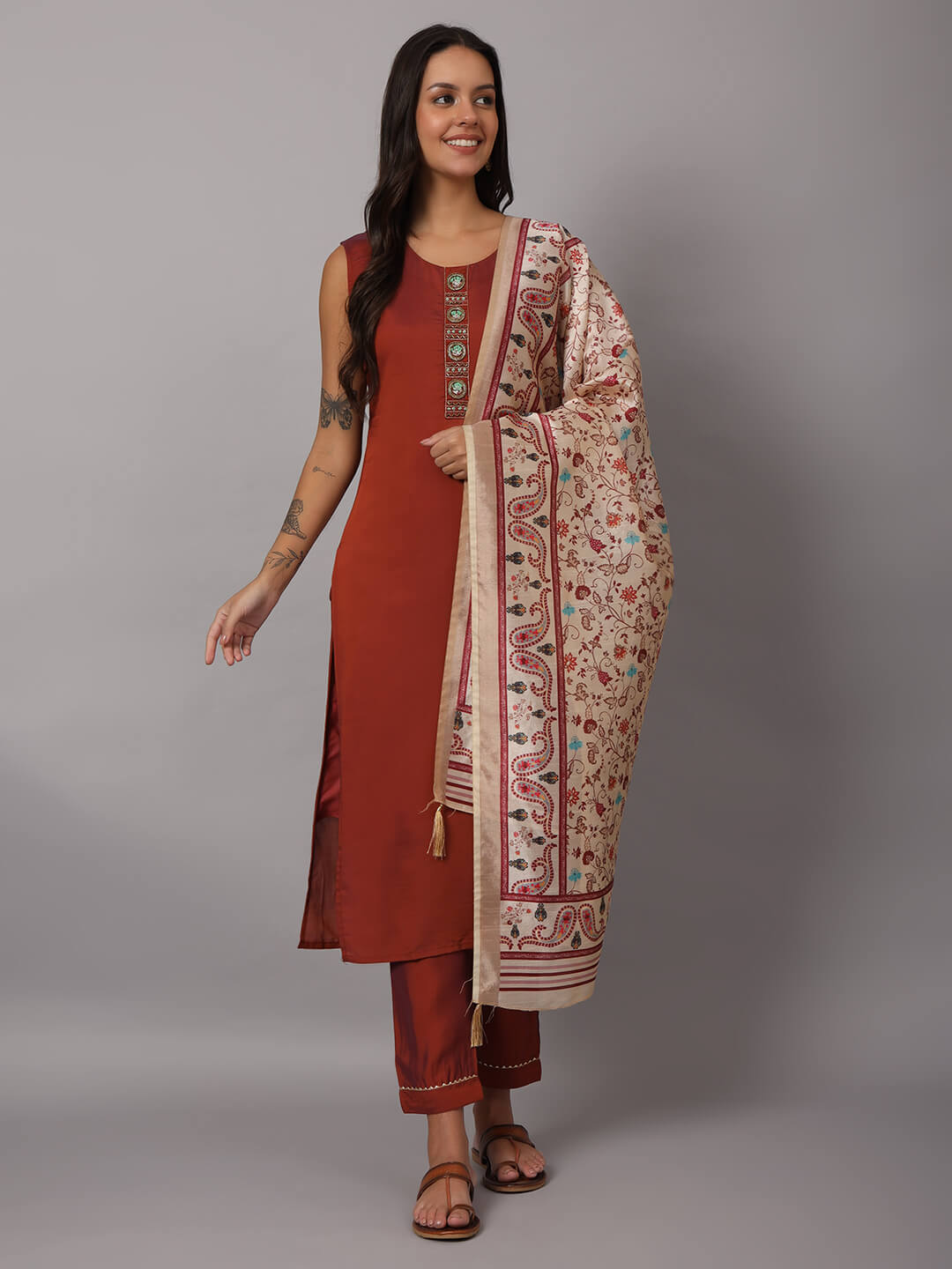 Straight Kurta with Trousers & Dupatta